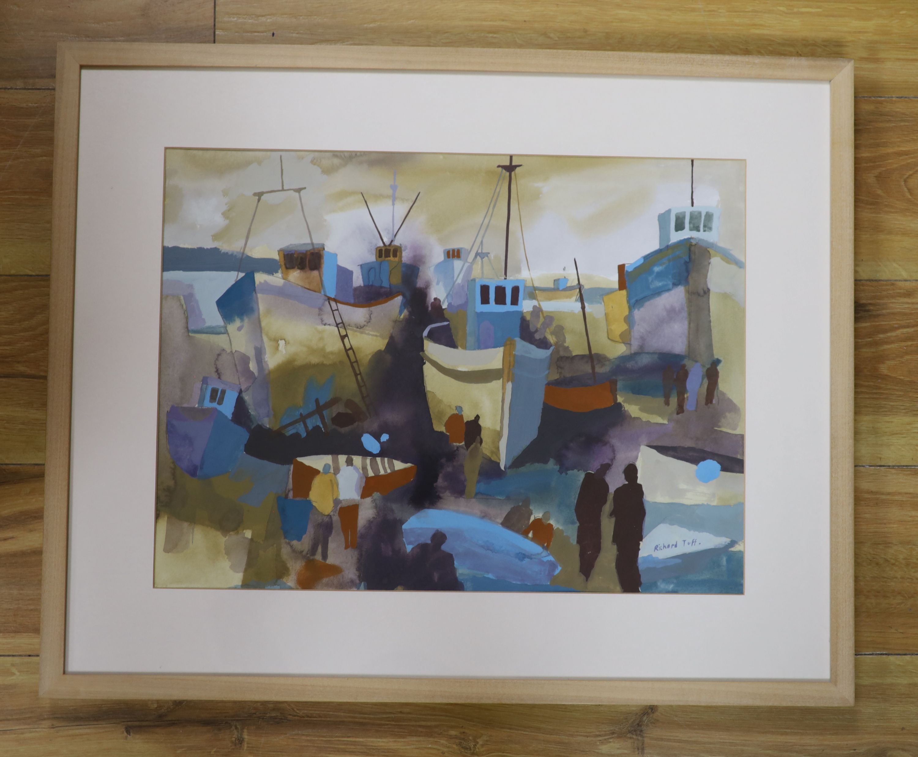 Richard Tuff (b.1965), watercolour and gouache, 'Repairing Sardine Trawlers', signed, 36 x 49cm